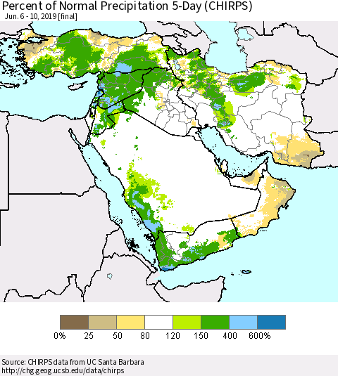 Middle East and Turkey Percent of Normal Precipitation 5-Day (CHIRPS) Thematic Map For 6/6/2019 - 6/10/2019