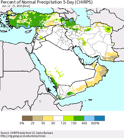 Middle East and Turkey Percent of Normal Precipitation 5-Day (CHIRPS) Thematic Map For 6/11/2019 - 6/15/2019