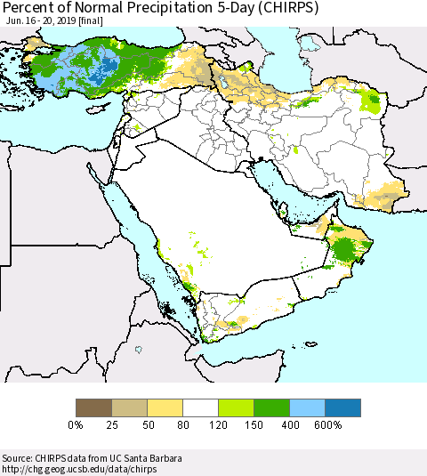 Middle East and Turkey Percent of Normal Precipitation 5-Day (CHIRPS) Thematic Map For 6/16/2019 - 6/20/2019