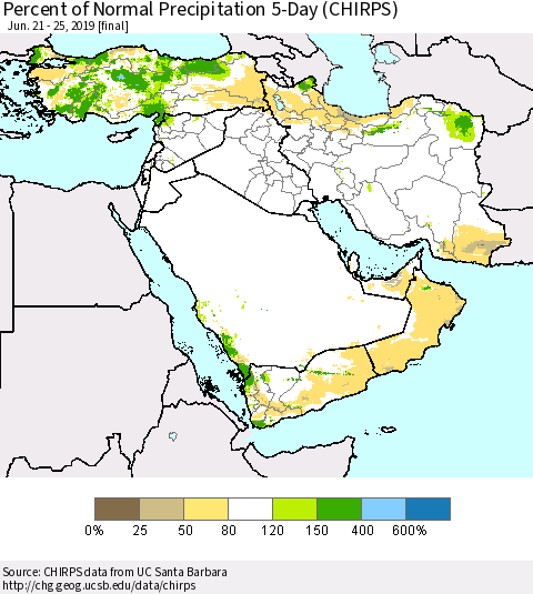 Middle East and Turkey Percent of Normal Precipitation 5-Day (CHIRPS) Thematic Map For 6/21/2019 - 6/25/2019