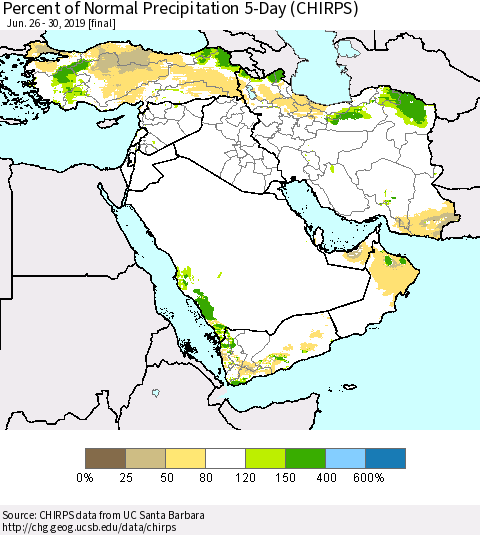 Middle East and Turkey Percent of Normal Precipitation 5-Day (CHIRPS) Thematic Map For 6/26/2019 - 6/30/2019