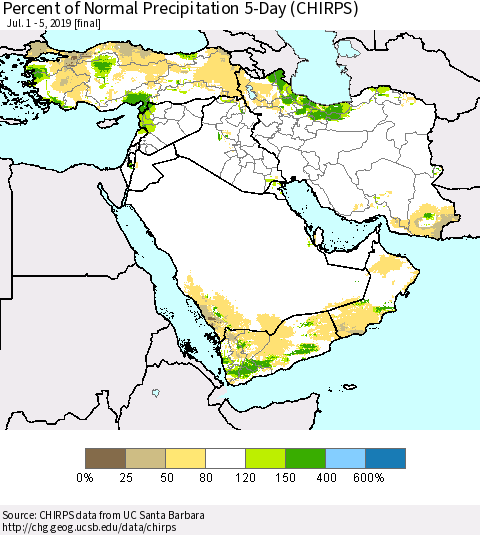 Middle East and Turkey Percent of Normal Precipitation 5-Day (CHIRPS) Thematic Map For 7/1/2019 - 7/5/2019