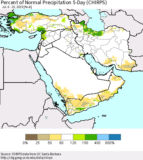 Middle East and Turkey Percent of Normal Precipitation 5-Day (CHIRPS) Thematic Map For 7/6/2019 - 7/10/2019