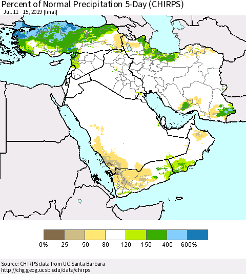 Middle East and Turkey Percent of Normal Precipitation 5-Day (CHIRPS) Thematic Map For 7/11/2019 - 7/15/2019