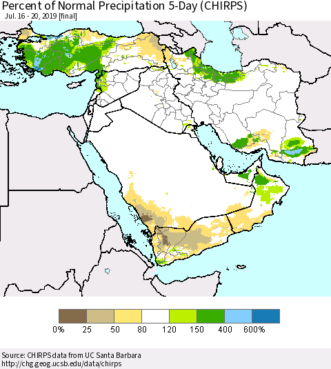 Middle East and Turkey Percent of Normal Precipitation 5-Day (CHIRPS) Thematic Map For 7/16/2019 - 7/20/2019
