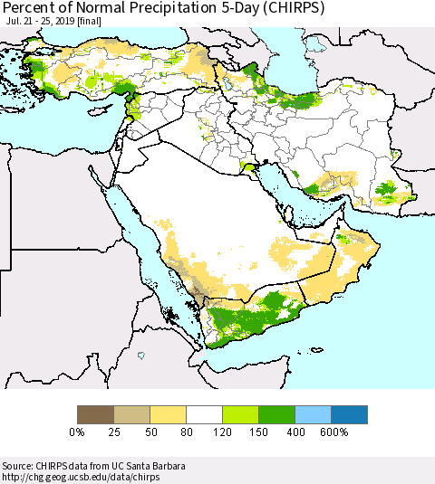 Middle East and Turkey Percent of Normal Precipitation 5-Day (CHIRPS) Thematic Map For 7/21/2019 - 7/25/2019