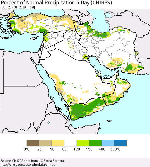 Middle East and Turkey Percent of Normal Precipitation 5-Day (CHIRPS) Thematic Map For 7/26/2019 - 7/31/2019