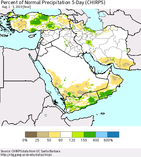 Middle East and Turkey Percent of Normal Precipitation 5-Day (CHIRPS) Thematic Map For 8/1/2019 - 8/5/2019
