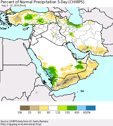 Middle East and Turkey Percent of Normal Precipitation 5-Day (CHIRPS) Thematic Map For 8/6/2019 - 8/10/2019