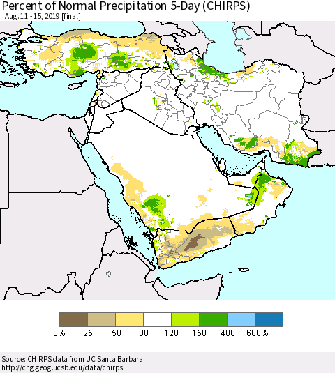 Middle East and Turkey Percent of Normal Precipitation 5-Day (CHIRPS) Thematic Map For 8/11/2019 - 8/15/2019