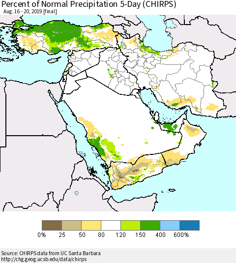 Middle East and Turkey Percent of Normal Precipitation 5-Day (CHIRPS) Thematic Map For 8/16/2019 - 8/20/2019