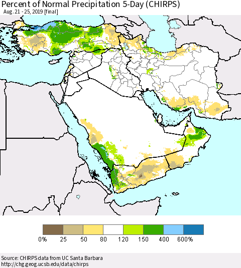 Middle East and Turkey Percent of Normal Precipitation 5-Day (CHIRPS) Thematic Map For 8/21/2019 - 8/25/2019