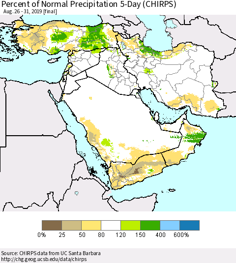 Middle East and Turkey Percent of Normal Precipitation 5-Day (CHIRPS) Thematic Map For 8/26/2019 - 8/31/2019