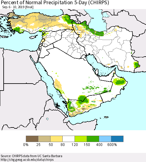 Middle East and Turkey Percent of Normal Precipitation 5-Day (CHIRPS) Thematic Map For 9/6/2019 - 9/10/2019