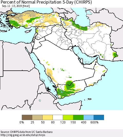 Middle East and Turkey Percent of Normal Precipitation 5-Day (CHIRPS) Thematic Map For 9/11/2019 - 9/15/2019