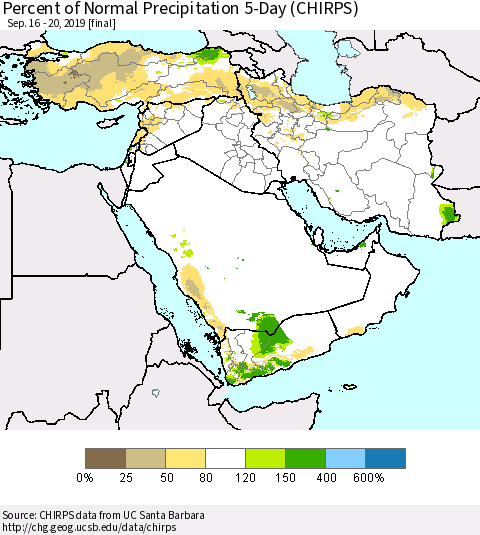 Middle East and Turkey Percent of Normal Precipitation 5-Day (CHIRPS) Thematic Map For 9/16/2019 - 9/20/2019