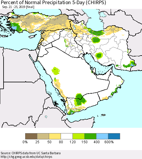 Middle East and Turkey Percent of Normal Precipitation 5-Day (CHIRPS) Thematic Map For 9/21/2019 - 9/25/2019