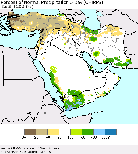 Middle East and Turkey Percent of Normal Precipitation 5-Day (CHIRPS) Thematic Map For 9/26/2019 - 9/30/2019