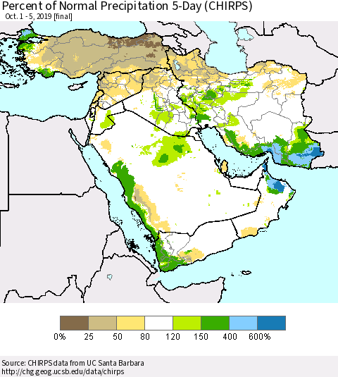 Middle East and Turkey Percent of Normal Precipitation 5-Day (CHIRPS) Thematic Map For 10/1/2019 - 10/5/2019