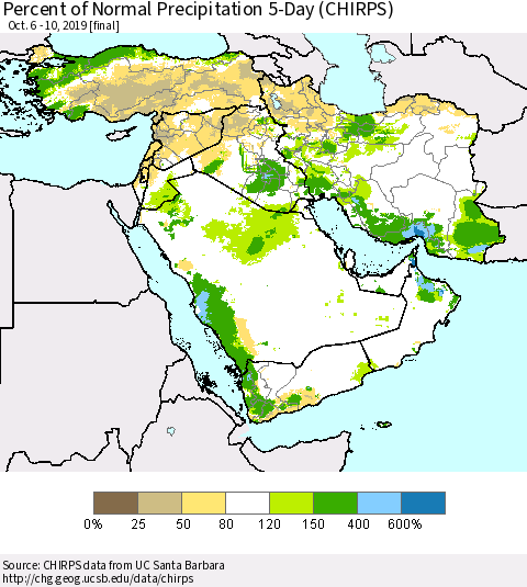 Middle East and Turkey Percent of Normal Precipitation 5-Day (CHIRPS) Thematic Map For 10/6/2019 - 10/10/2019