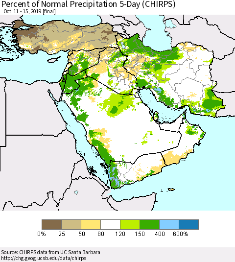 Middle East and Turkey Percent of Normal Precipitation 5-Day (CHIRPS) Thematic Map For 10/11/2019 - 10/15/2019