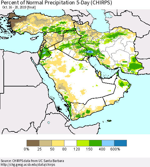 Middle East and Turkey Percent of Normal Precipitation 5-Day (CHIRPS) Thematic Map For 10/16/2019 - 10/20/2019