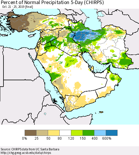 Middle East and Turkey Percent of Normal Precipitation 5-Day (CHIRPS) Thematic Map For 10/21/2019 - 10/25/2019