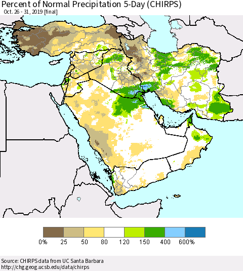 Middle East and Turkey Percent of Normal Precipitation 5-Day (CHIRPS) Thematic Map For 10/26/2019 - 10/31/2019