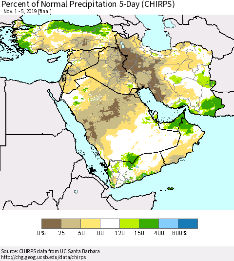 Middle East and Turkey Percent of Normal Precipitation 5-Day (CHIRPS) Thematic Map For 11/1/2019 - 11/5/2019