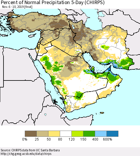 Middle East and Turkey Percent of Normal Precipitation 5-Day (CHIRPS) Thematic Map For 11/6/2019 - 11/10/2019