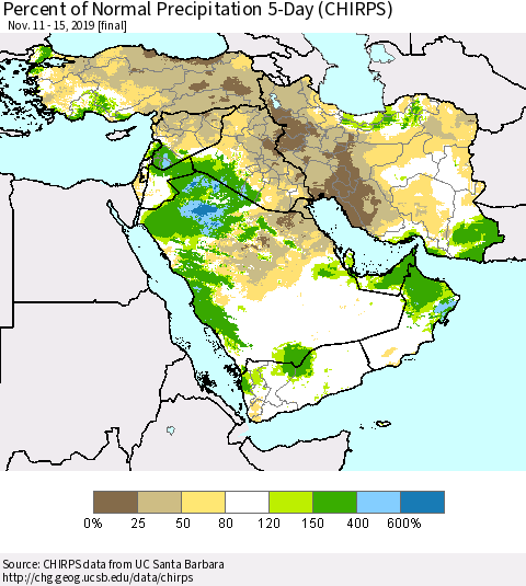 Middle East and Turkey Percent of Normal Precipitation 5-Day (CHIRPS) Thematic Map For 11/11/2019 - 11/15/2019
