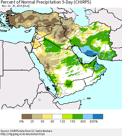 Middle East and Turkey Percent of Normal Precipitation 5-Day (CHIRPS) Thematic Map For 11/16/2019 - 11/20/2019