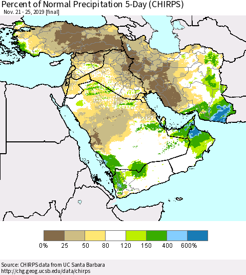 Middle East and Turkey Percent of Normal Precipitation 5-Day (CHIRPS) Thematic Map For 11/21/2019 - 11/25/2019
