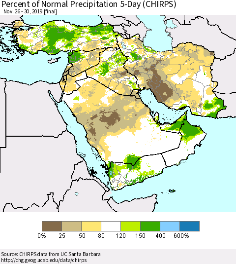 Middle East and Turkey Percent of Normal Precipitation 5-Day (CHIRPS) Thematic Map For 11/26/2019 - 11/30/2019