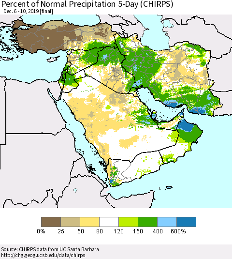 Middle East and Turkey Percent of Normal Precipitation 5-Day (CHIRPS) Thematic Map For 12/6/2019 - 12/10/2019