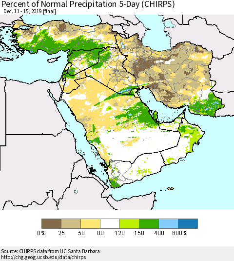 Middle East and Turkey Percent of Normal Precipitation 5-Day (CHIRPS) Thematic Map For 12/11/2019 - 12/15/2019