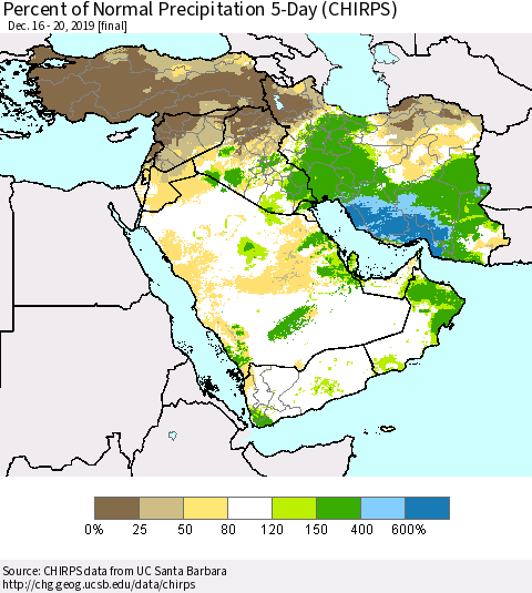 Middle East and Turkey Percent of Normal Precipitation 5-Day (CHIRPS) Thematic Map For 12/16/2019 - 12/20/2019