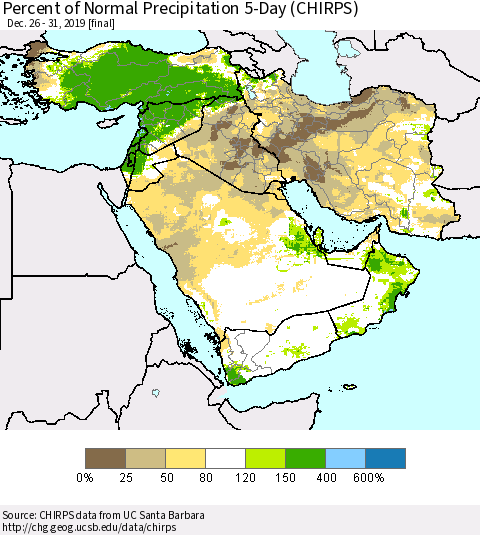 Middle East and Turkey Percent of Normal Precipitation 5-Day (CHIRPS) Thematic Map For 12/26/2019 - 12/31/2019