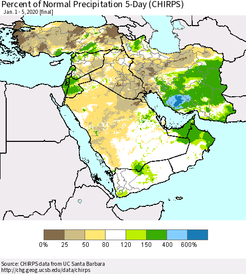 Middle East and Turkey Percent of Normal Precipitation 5-Day (CHIRPS) Thematic Map For 1/1/2020 - 1/5/2020