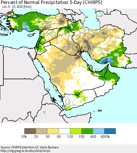 Middle East and Turkey Percent of Normal Precipitation 5-Day (CHIRPS) Thematic Map For 1/6/2020 - 1/10/2020