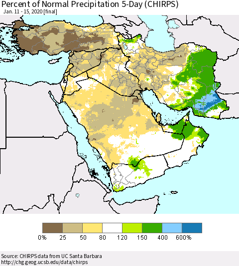Middle East and Turkey Percent of Normal Precipitation 5-Day (CHIRPS) Thematic Map For 1/11/2020 - 1/15/2020