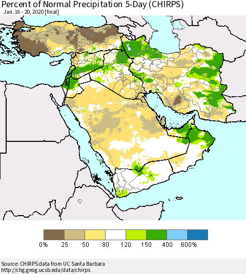 Middle East and Turkey Percent of Normal Precipitation 5-Day (CHIRPS) Thematic Map For 1/16/2020 - 1/20/2020