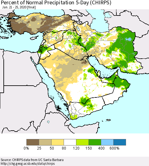 Middle East and Turkey Percent of Normal Precipitation 5-Day (CHIRPS) Thematic Map For 1/21/2020 - 1/25/2020