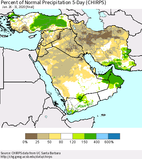Middle East and Turkey Percent of Normal Precipitation 5-Day (CHIRPS) Thematic Map For 1/26/2020 - 1/31/2020