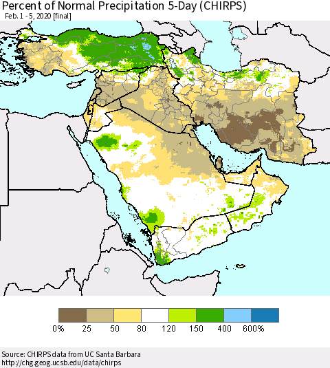 Middle East and Turkey Percent of Normal Precipitation 5-Day (CHIRPS) Thematic Map For 2/1/2020 - 2/5/2020