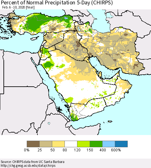 Middle East and Turkey Percent of Normal Precipitation 5-Day (CHIRPS) Thematic Map For 2/6/2020 - 2/10/2020