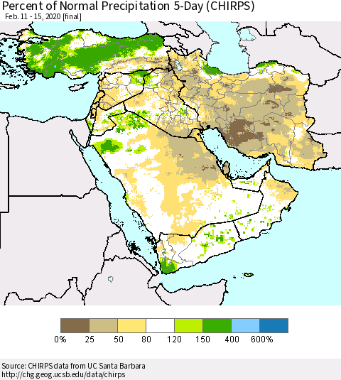 Middle East and Turkey Percent of Normal Precipitation 5-Day (CHIRPS) Thematic Map For 2/11/2020 - 2/15/2020