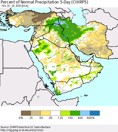 Middle East and Turkey Percent of Normal Precipitation 5-Day (CHIRPS) Thematic Map For 2/16/2020 - 2/20/2020