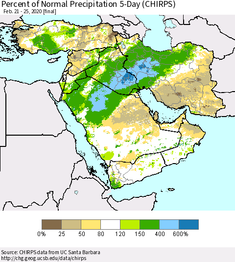 Middle East and Turkey Percent of Normal Precipitation 5-Day (CHIRPS) Thematic Map For 2/21/2020 - 2/25/2020