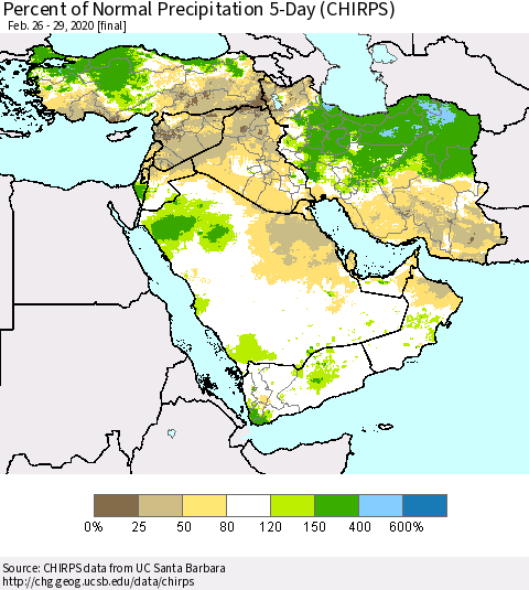 Middle East and Turkey Percent of Normal Precipitation 5-Day (CHIRPS) Thematic Map For 2/26/2020 - 2/29/2020